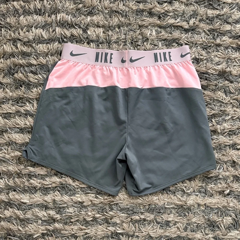 Nike DRI-FIT Women's Gray & Pink Athletic Shorts with Logo Waistband, Waist 26”